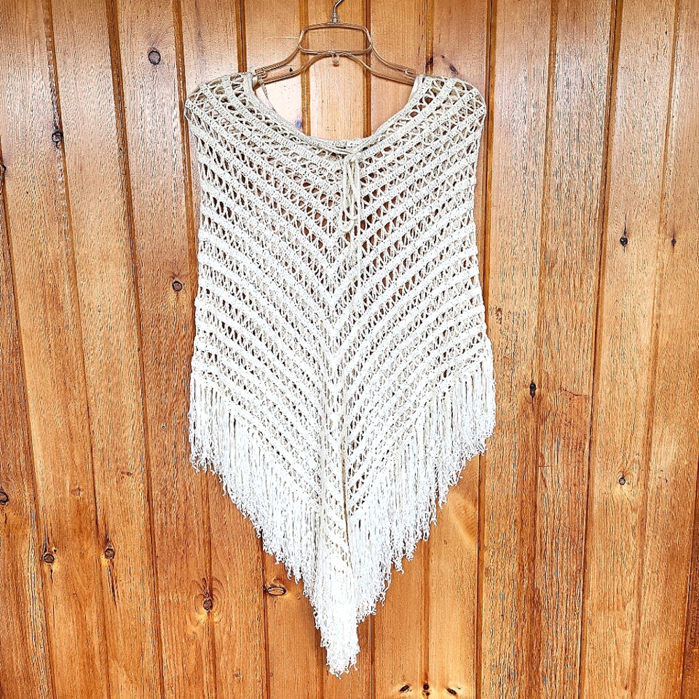 Vintage HAZEL Shawl Ivory Boho Knitted Tassel, OS